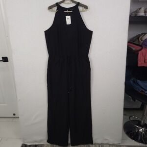 Banana Republic Black Embroidered Halter Jumpsuit Wide Leg Size 14